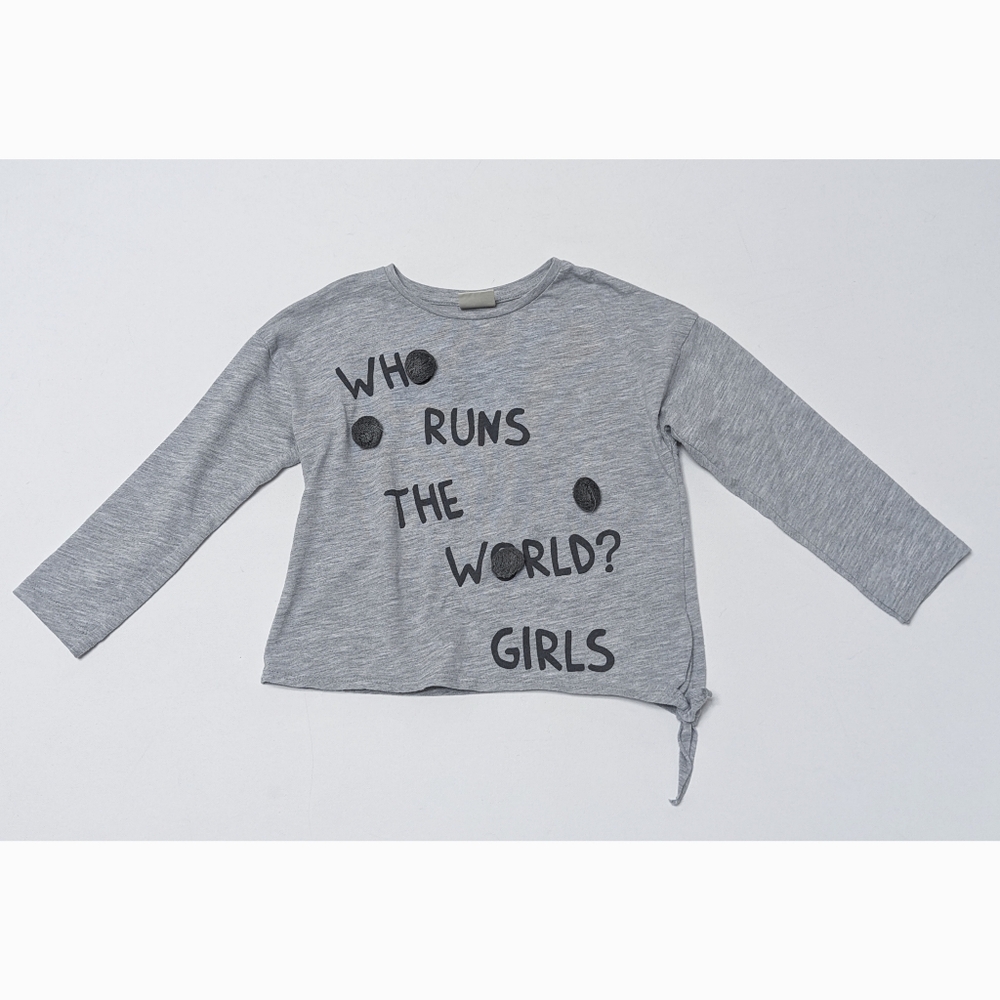 ZARA T-shirt with Text WHO RUNS THE WORLD? GIRLS and Faux Fur Pom Poms Size 5